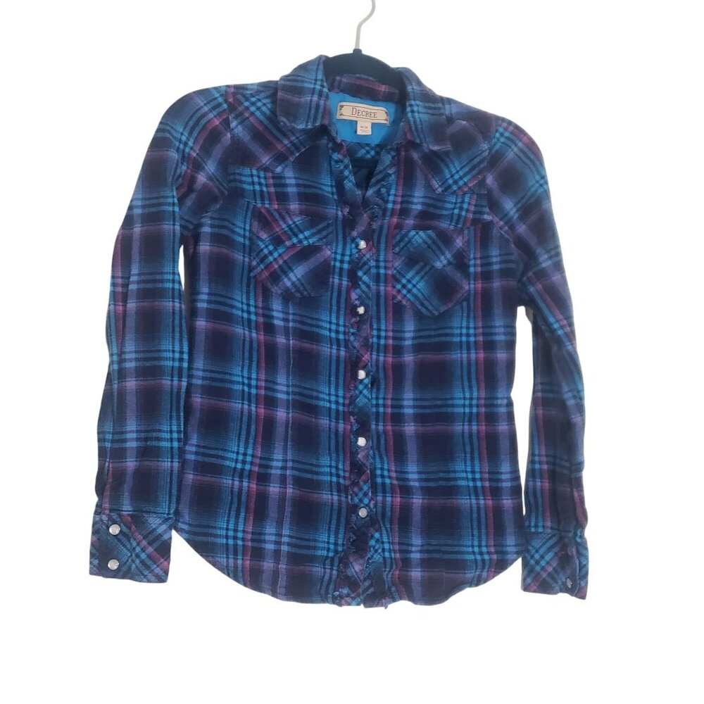 Y2K Decree Plaid Snap Button Down Shirt Size M Blue Grunge Western Cowgirl Rodeo